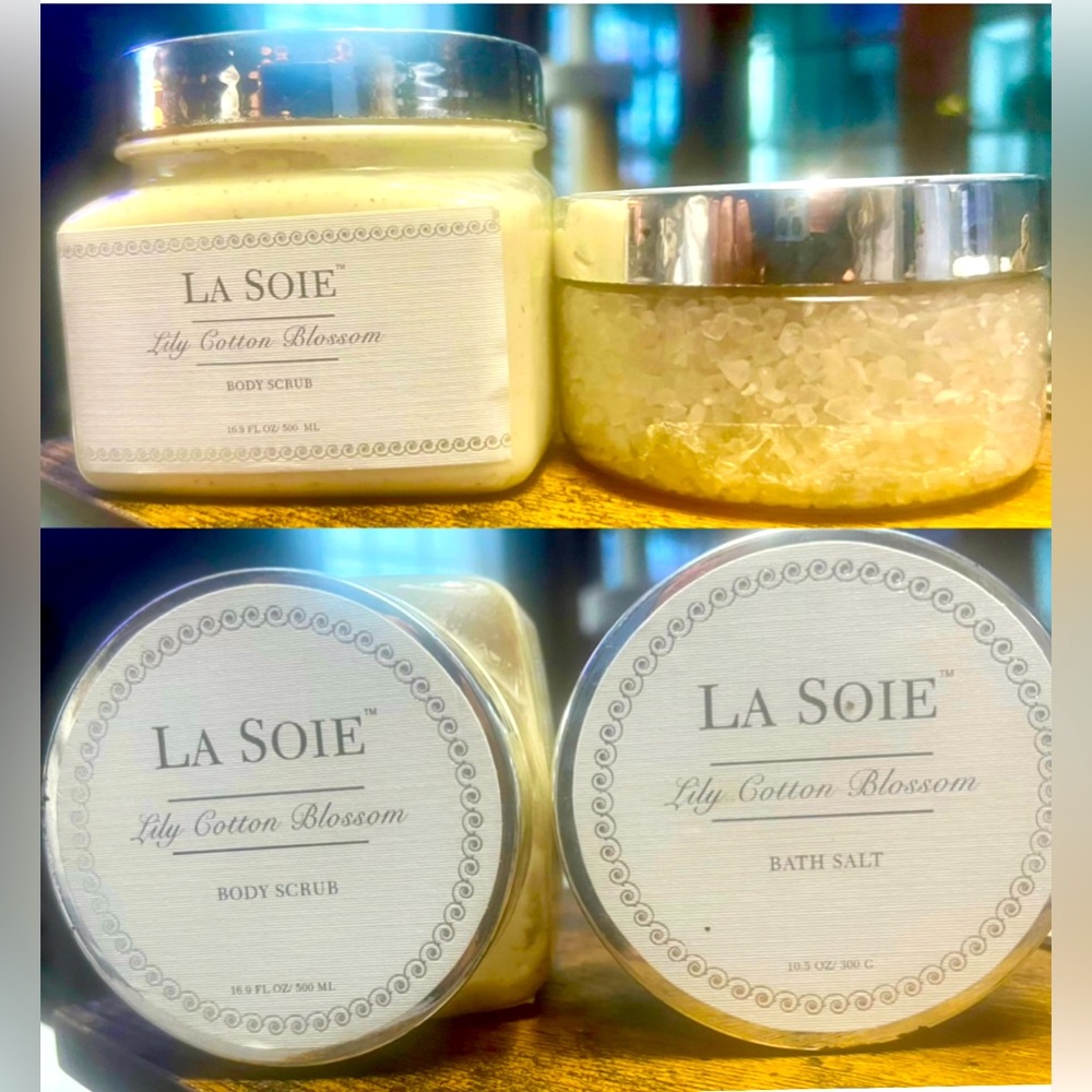 LA SOIE LILY COTTON BLOSSOM BODY SCRUB 16.9oz. & BATH SALT 10.3oz.~NEW